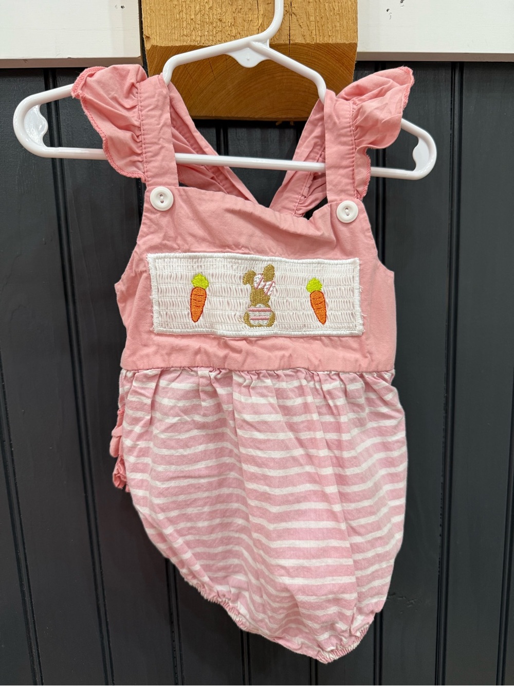 Girls Pink Bunny & Carrot Smocked Cotton Overalls